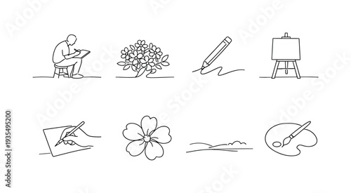 Floral and gardening outline icon collection with blossoms, tools and natural accents
