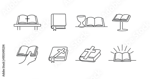 "Liturgical Book Set". Minimalistic set one-line drawing Gospel book on altar, open pages with small cross,