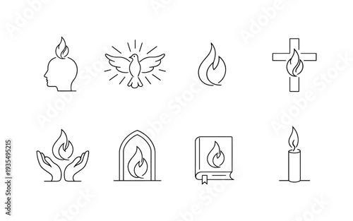 "Pentecost Fire Icons". Minimalistic set one-line drawing flame above head silhouette, dove with radiant lines