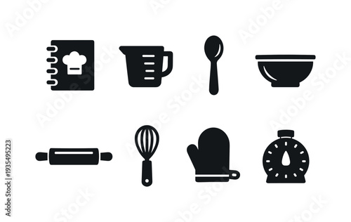 Baking Notes. Filled icon set of Baking Notes: recipe notebook, measuring cup, wooden spoon, mixing bowl,