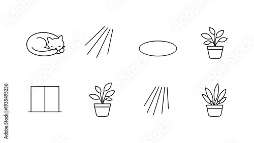 Minimal plant and home decor horizontal border set with potted greenery accents