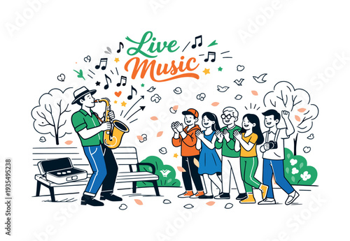 Springtime Saxophone Serenade. Busking in Blooming Park. A saxophone player standing near a park bench while a