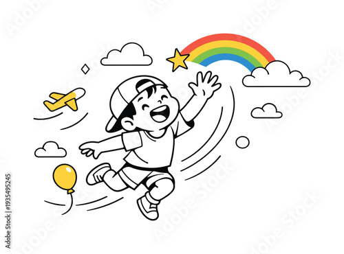 Joyful Rainbow Reach. Kids sky adventure. A cheerful child reaching toward a bright rainbow, dynamic pose with