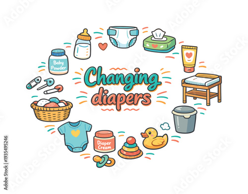 Changing diapers. Hand drawn illustration of Changing diapers. baby bottle, diaper, baby wipes, diaper cream,