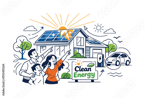 Clean energy home concept illustration with solar panels, electric car and sustainable lifestyle elements