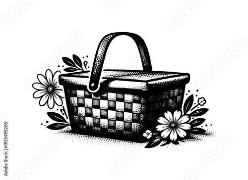 Symbolic composition of a simplified picnic basket silhouette integrated with subtle flower shapes, form