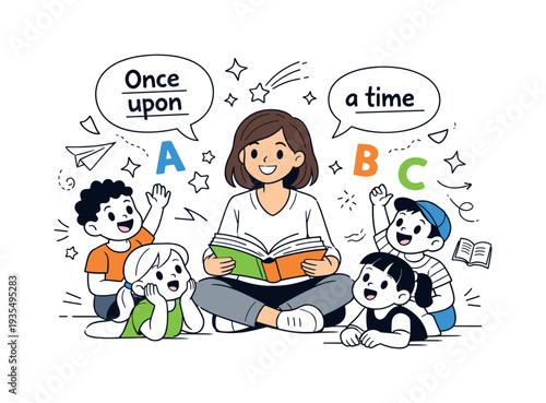 Cute children reading books together during story time lesson