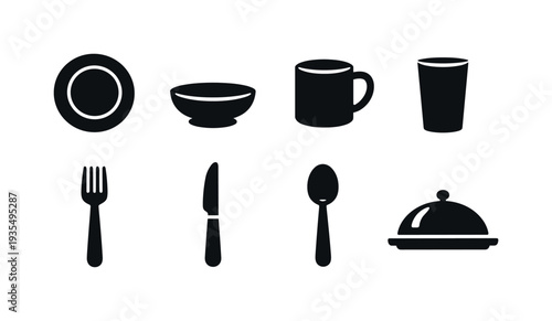 Kitchen utensil silhouette icon collection featuring spoon, fork and cooking tools