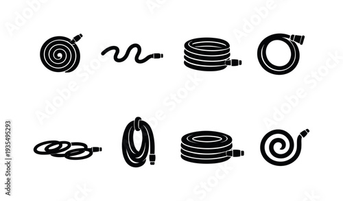 Curled hose contour drawing icons. Filled icon set of Curled hose contour drawing icons: tight spiral hose,