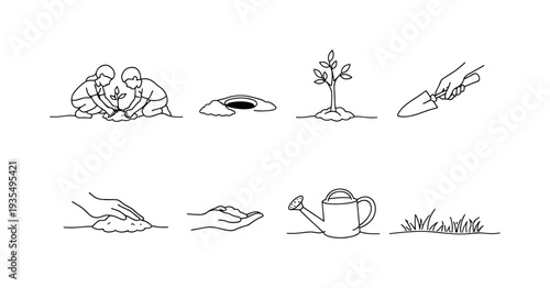 "Spring Community Tree Planting". Minimalistic set one-line drawing children working together with sapling,