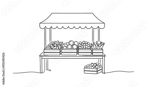 Minimalist Produce Stall. "Organic Produce Stall". Minimalistic one-line drawing market stall with crates of