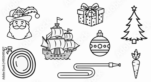 Black and white line drawings of various festive and nautical items
