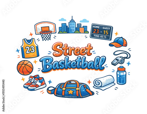 Street Basketball. Hand drawn illustration of Street Basketball. basketball, hoop and net, backboard, sneakers
