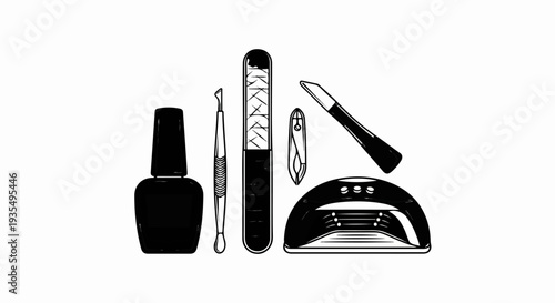 Black and white illustration of nail care tools including polish, file, nippers, pusher, and lamp