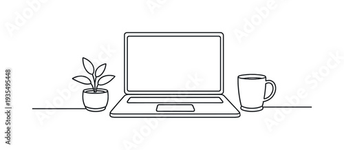 "Creative Laptop Setup". Minimalistic one-line drawing open laptop with small plant and mug in balanced
