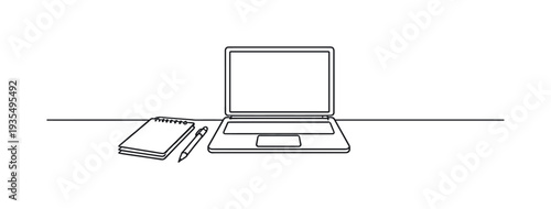 "Home Office Desk". Minimalistic one-line drawing laptop centered on desk with notebook and pen arranged