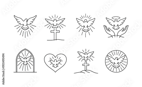 Minimal Dove Icons. "Descending Dove Rays". Minimalistic set one-line drawing dove descending with radiant