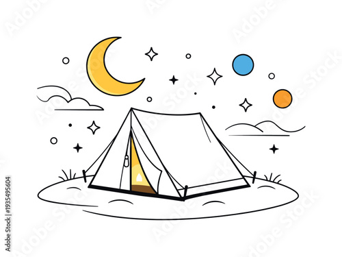 Night camping scene with tent under crescent moon and stars in peaceful wilderness landscape illustration