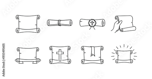 "Sacred Scroll Icons". Minimalistic set one-line drawing open parchment scroll front view, tightly rolled