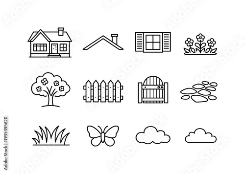 Minimal outline icon set with house exterior, plants and garden elements.