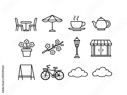 spring street cafe terrace outline. Line outline icon set of spring street cafe terrace outline: cafe table,