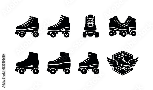 Roller skate silhouette icon set featuring different skating boot styles