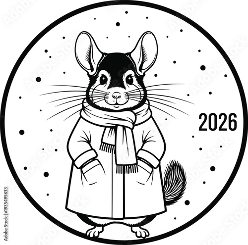 Chinchilla in coat and scarf standing in snowflakes 2026 rodent animal cartoon black and white