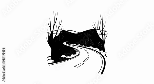 A winding road curves through a stark, silhouetted landscape