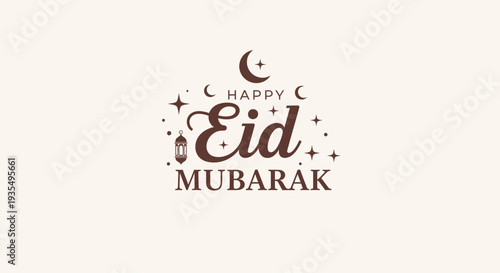 A modern flat design illustration featuring elegant "Happy Eid Mubarak" typography surrounded by a simple crescent moon and stars, conveying peace and celebration. 