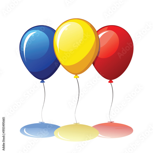 Three colorful balloons in red, yellow, and blue, floating with strings