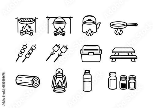 Camping and outdoor adventure outline icon collection including tent, campfire, backpack and survival equipment symbols