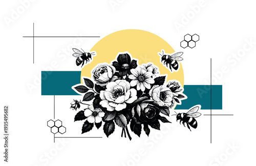 Vintage Flora Collage. Modern graphic collage of black and white vintage botanical flowers with detailed bees