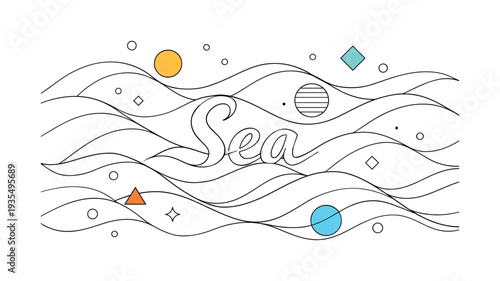 Abstract wave pattern. Repeating smooth curved wave shapes arranged rhythmically, subtle text “Sea” integrated