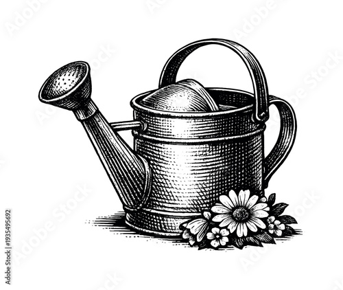 A slightly tilted watering can resting upright with a few flowers placed beside its base, composition subtly