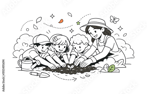 Spring Gardening Class. Spring Gardening Lesson. Children leaning forward in a collaborative pose while the