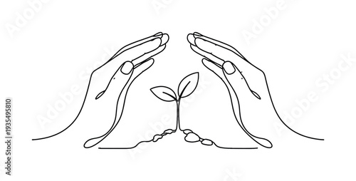 Hands gently protecting young plant sprout, environmental protection concept illustration.