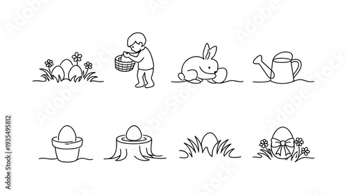 Spring countryside illustration with rabbit, house and blooming garden elements in charming rural landscape