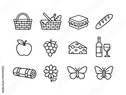 picnic basket food line art. Line outline icon set of picnic basket food line art: picnic basket, open basket,