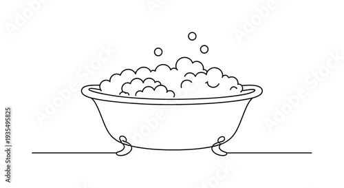 "Bathtub with Bubbles". Minimalistic one-line drawing freestanding bathtub filled with soft bubble shapes