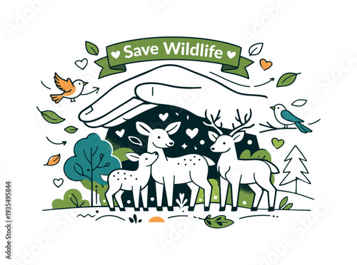 Save wildlife environmental awareness illustration with forest animals and conservation themed decorative elements