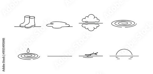 "After the Rain Stillness". Minimalistic set one-line drawing boots near water puddle, cloud mirrored in