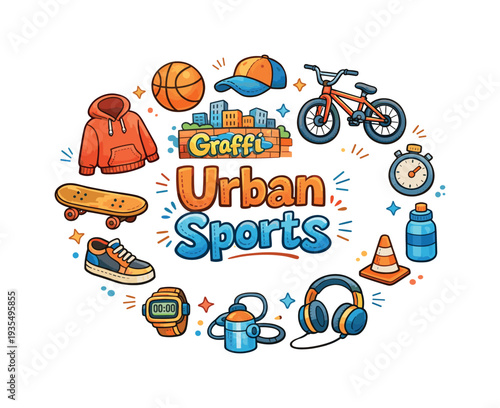 Urban Sports. Hand drawn illustration of Urban Sports. basketball, skateboard, BMX bike, sneakers, cap, hoodie