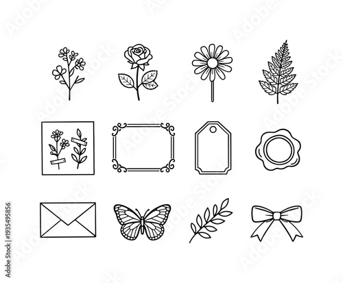 pressed flowers vintage line drawing. Line outline icon set of pressed flowers vintage line drawing: pressed