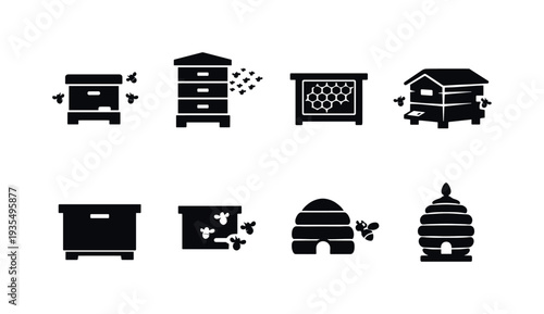 Solid black beekeeping and honey production icons.