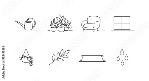 Cozy home horizontal border set featuring chair, plant and interior decor elements