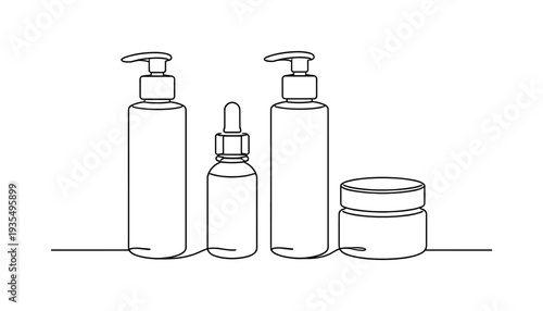 "Skincare Bottles". Minimalistic one-line drawing elegant set of skincare bottles with pump and dropper tops