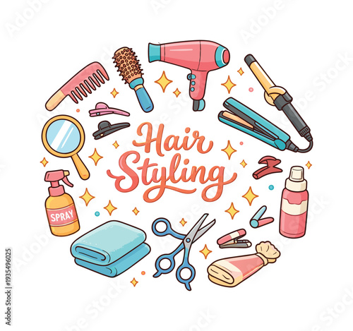 Hair Styling. Hand drawn illustration of Hair Styling. comb, round brush, hairdryer, curling wand,