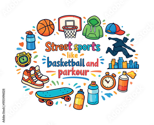 Street Sports Vibes. Street sports like basketball and parkour. Hand drawn illustration of Street sports like
