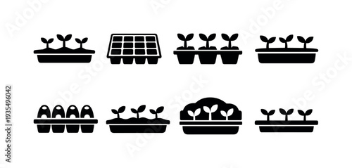 Plant nursery tray outline collection. Filled icon set of Plant nursery tray outline collection: nursery flat