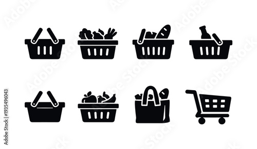 Grocery Shopping Basket. Filled icon set of Grocery Shopping Basket: shopping basket with handle, basket with